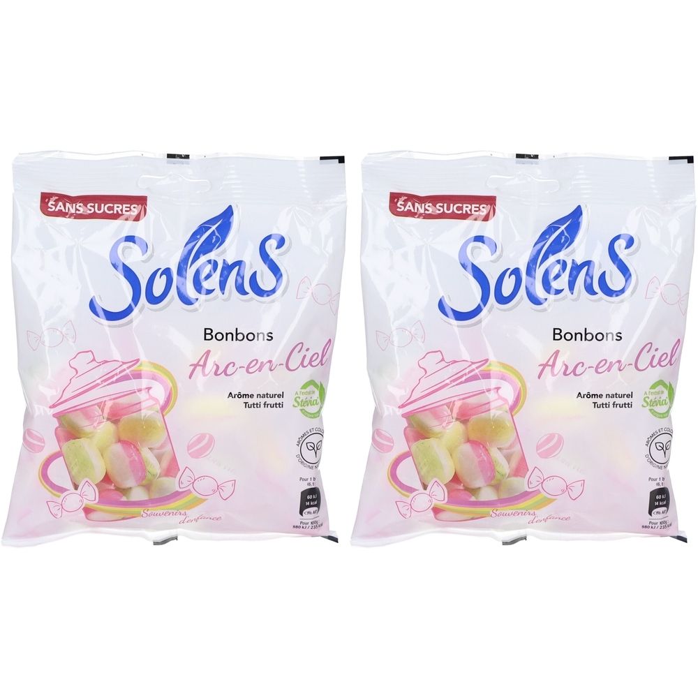 Deux sachets de bonbons. Inscription: Solens, Bonbons Arc-en-Ciel Sans Sucres. Illustration de bonbons dans un bocal.