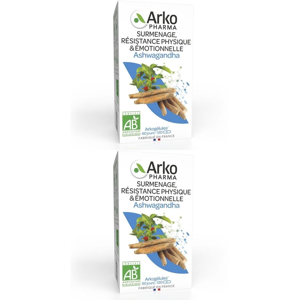 Deux boîtes blanches avec informations produit. Inscription: Arko Pharma, Ashwagandha, label AB. Illustration de plantes et racines.