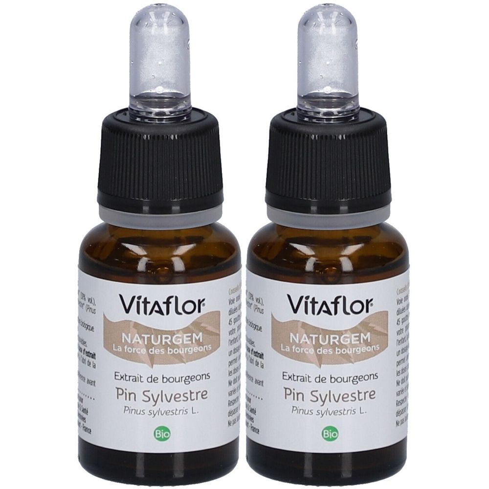 Deux flacons en verre brun avec bouchons noirs et pipettes. Étiquettes avec Vitaflor, NATURGEM, Pin Sylvestre et Bio.