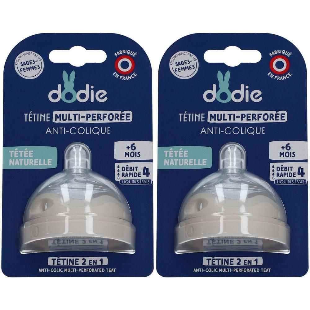 Deux tétines Dodie Multi-Perforée Anti-Colique sur emballage. Inscription: +6 Mois, Débit Rapide 4. Fabriqué en France. Tétée naturelle.