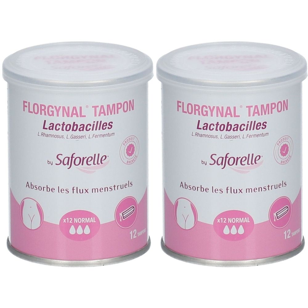 Deux boîtes cylindriques avec couvercles. Inscription : Florgynal Tampon Lactobacilles by Saforelle. Emballage rose et blanc. 12 Normal.