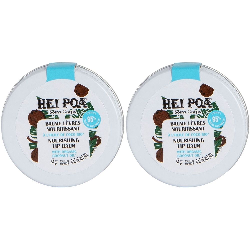 Deux boîtes rondes de baume à lèvres. Inscription: HEI POA, Baume Lèvres Nourrissant, 95% naturel. Avec huile de coco.