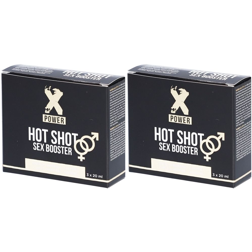 Deux boîtes noires avec l'inscription "HOT SHOT SEX BOOSTER". Logo "X" et "POWER". Inscription : 3 x 20 ml.