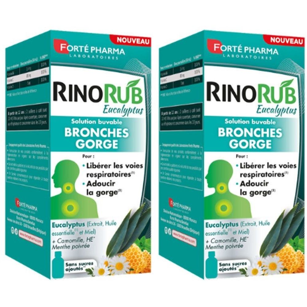 Deux boîtes de Rinorub Eucalyptus. Inscription: Bronches Gorge, Solution buvable. Contient de l'eucalyptus, de la camomille, du miel et de la menthe. Design vert et blanc.