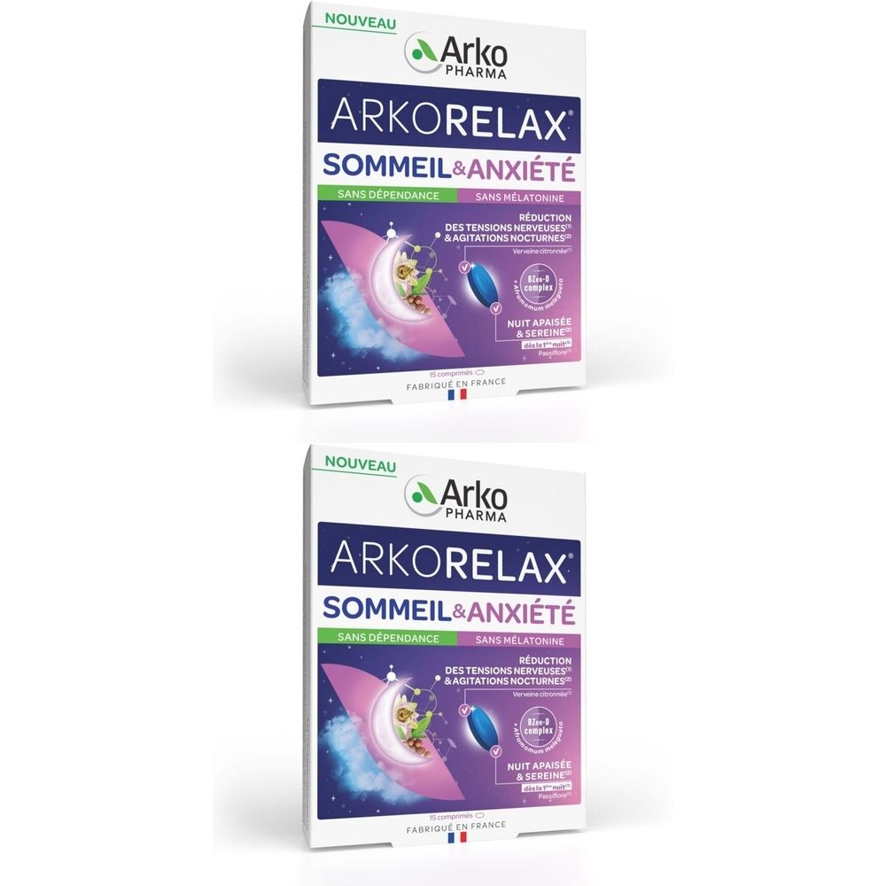 Deux boîtes de ARKORELAX SOMMEIL&ANXIÉTÉ. Blanches, accents verts et violets. Texte: SOMMEIL&ANXIÉTÉ, SANS DEPENDANCE, SANS MELATONINE.