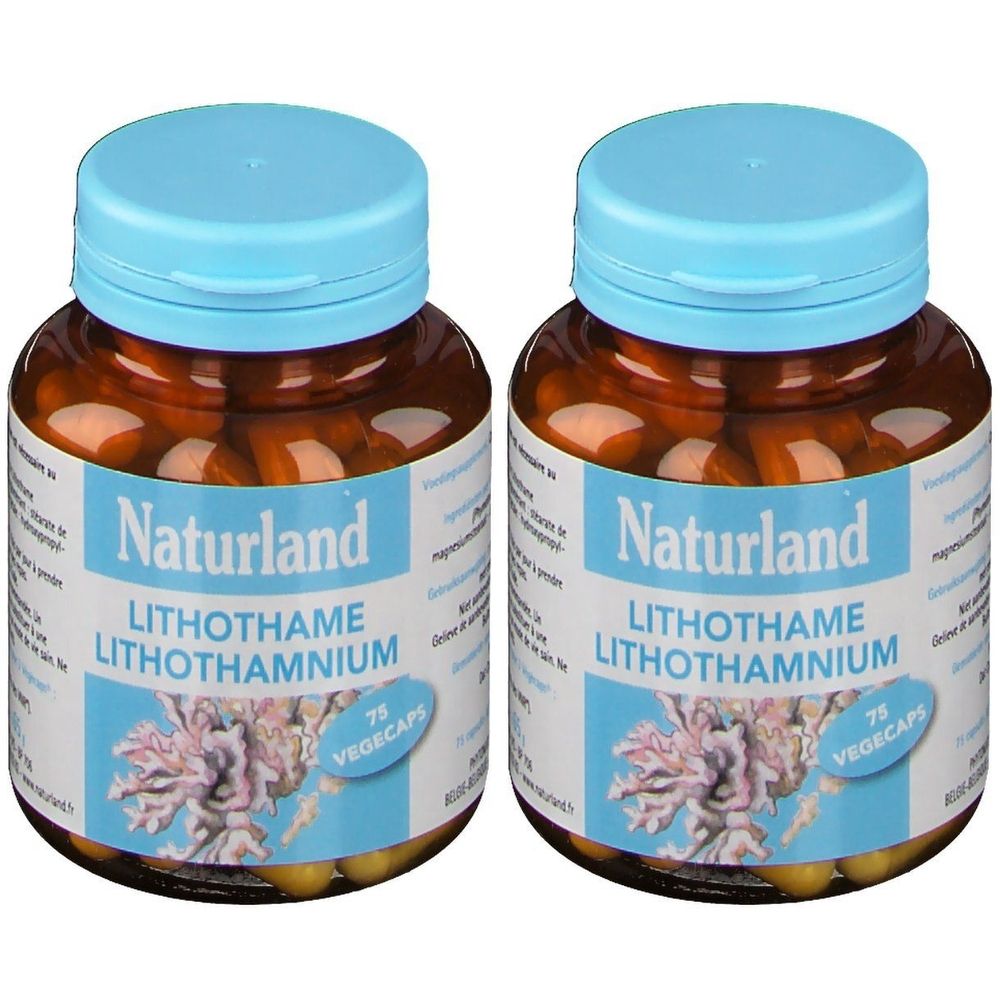 Deux flacons de Naturland Lithothame Végécaps®. Flacons en verre brun avec bouchon bleu et étiquette. 75 gélules.