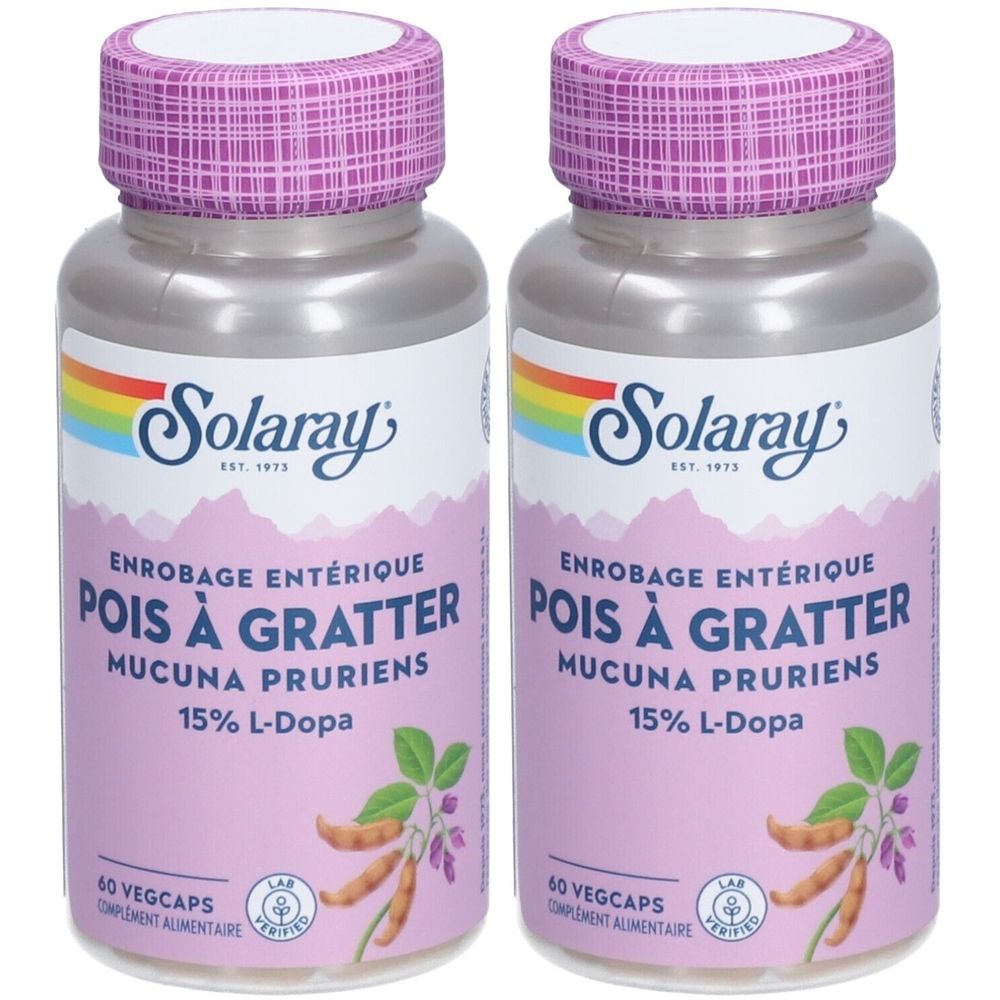 Deux flacons avec bouchons violets. Inscription: Solaray, Pois à Gratter, Mucuna Pruriens, 15% L-Dopa. 60 Vegcaps. Logo arc-en-ciel.