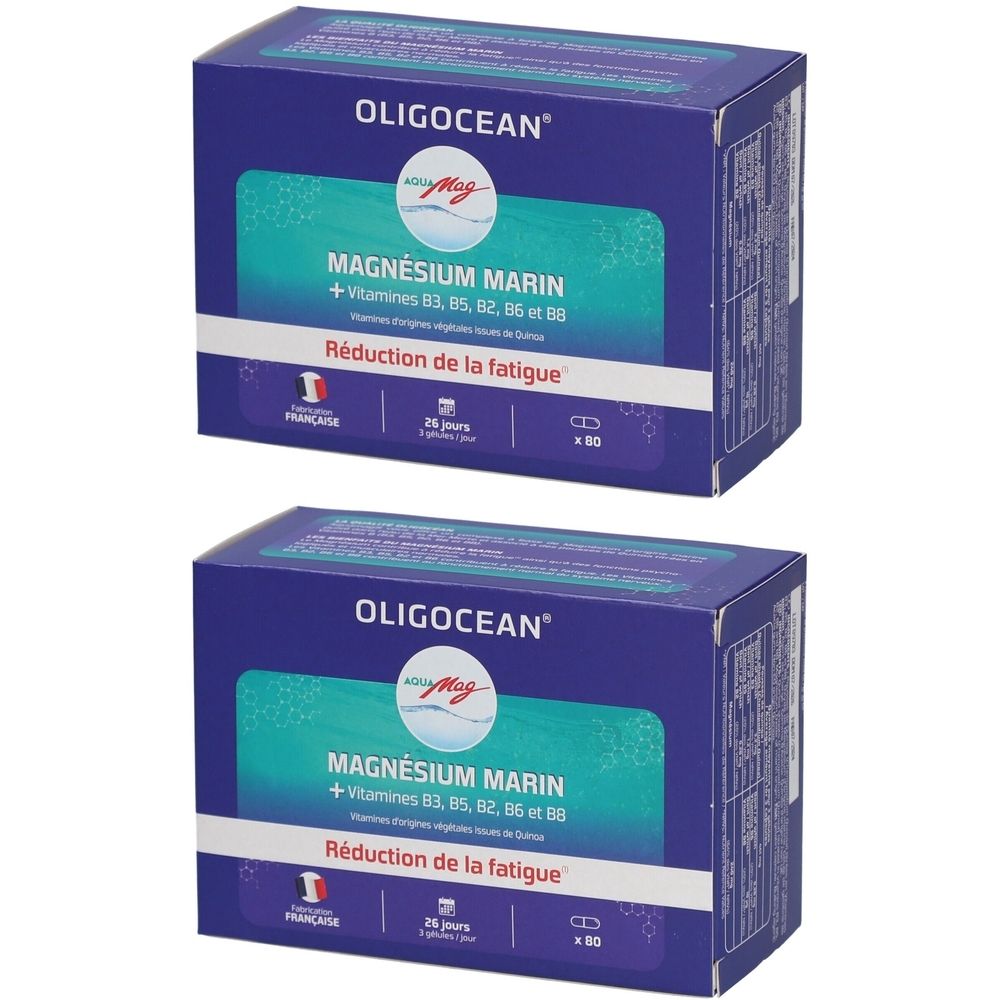 Deux boîtes bleues "OLIGOCEAN MAGNÉSIUM MARIN". Contient vitamines B3, B5, B2, B6 et B8. Réduit la fatigue. 2 boîtes de 26 jours.