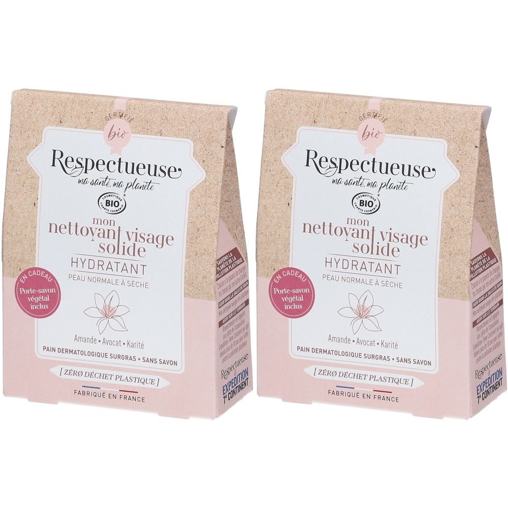 Deux emballages rectangulaires. Inscription: Respectueuse, Mon nettoyant visage solide hydratant. Certification Bio.