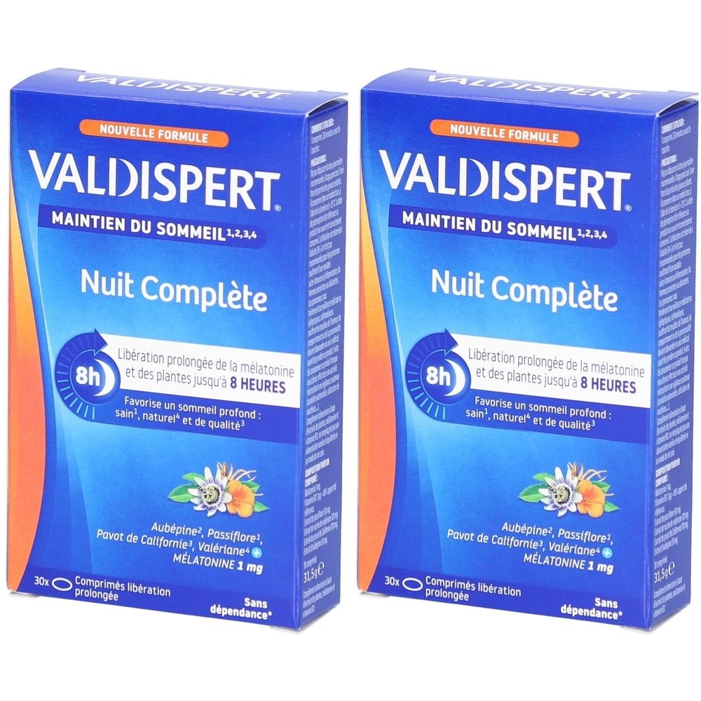 Deux boîtes bleues "VALDISPERT Nuit Complète". Texte: "MAINTIEN DU SOMMEIL". Contient 30 comprimés. Sans dépendance.