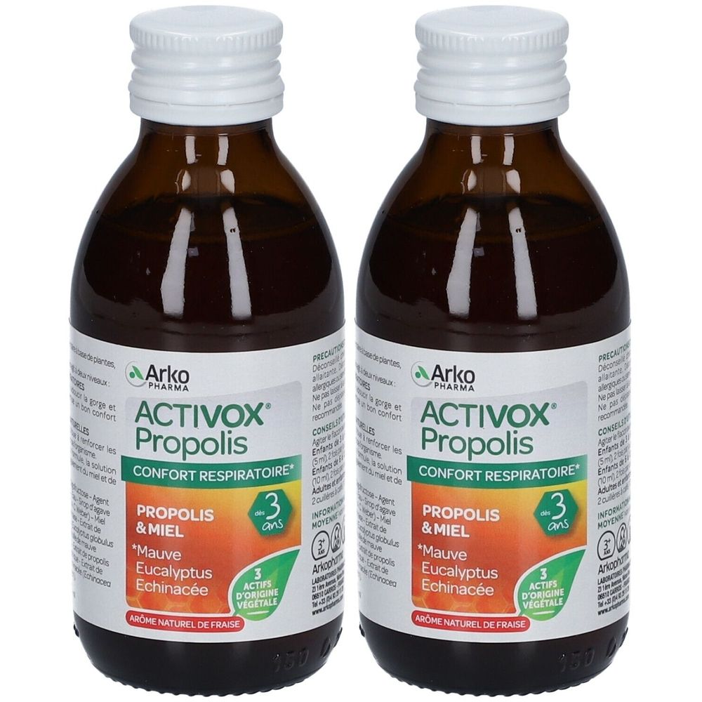 Deux flacons en verre brun avec étiquette blanche. L'étiquette indique "ACTIVOX Propolis". Les flacons ont des bouchons à vis argentés.