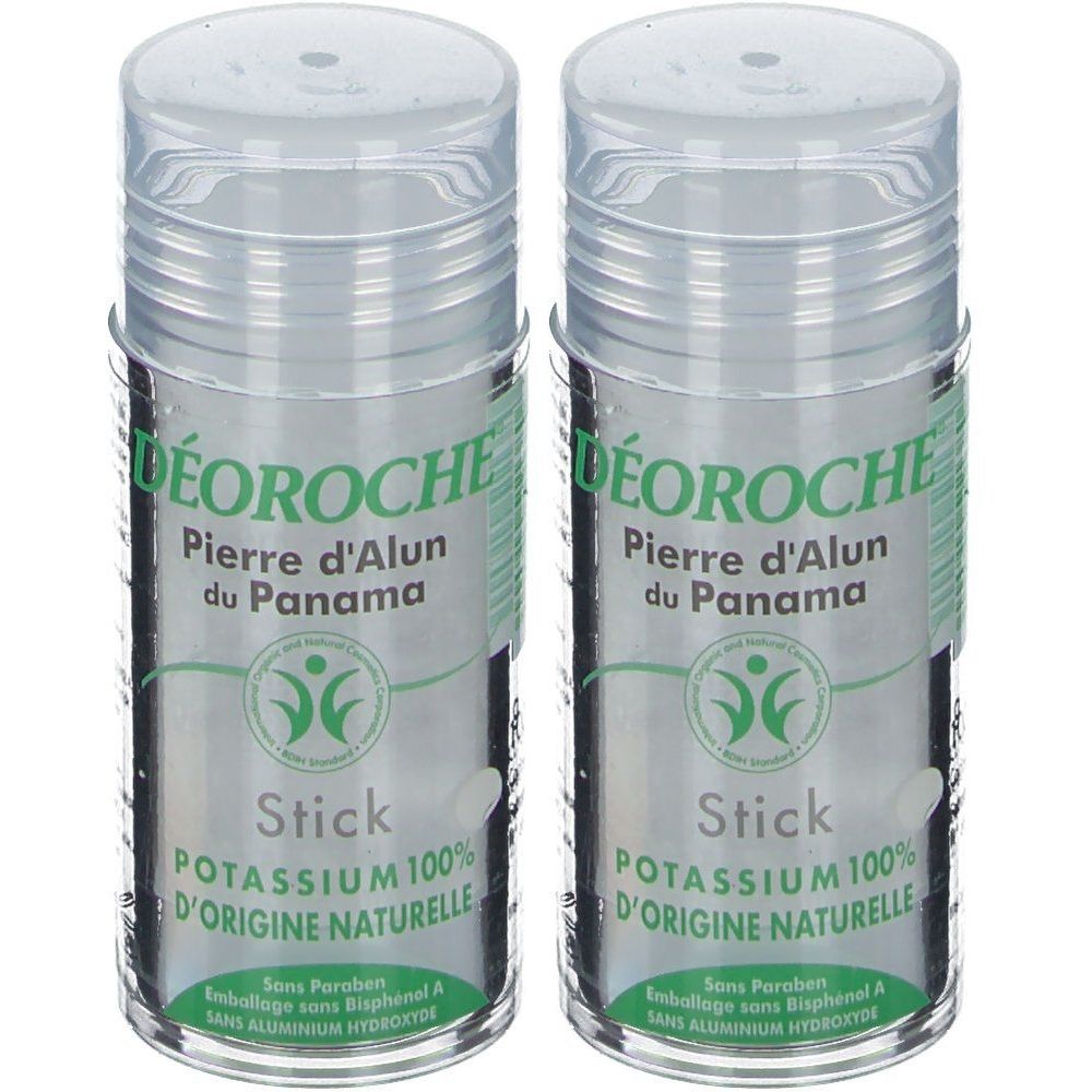 Deux sticks déodorants cylindriques avec bouchons transparents. Inscription: Déoroche, Pierre d'Alun du Panama, Potassium 100% d'origine naturelle.
