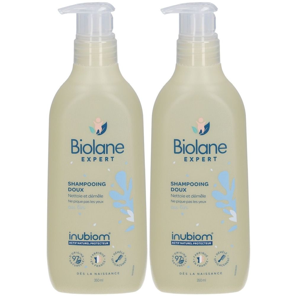 Deux flacons de Shampooing Doux Biolane Expert. Flacons beiges avec pompe blanche. Inscriptions : Biolane, Shampooing Doux, inubiom.