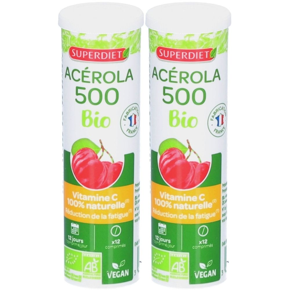 Deux tubes de Super Diet Acérola 500 Bio. Inscription : Vitamine C, 100% naturelle, réduction de la fatigue. Labels AB Bio et Vegan.