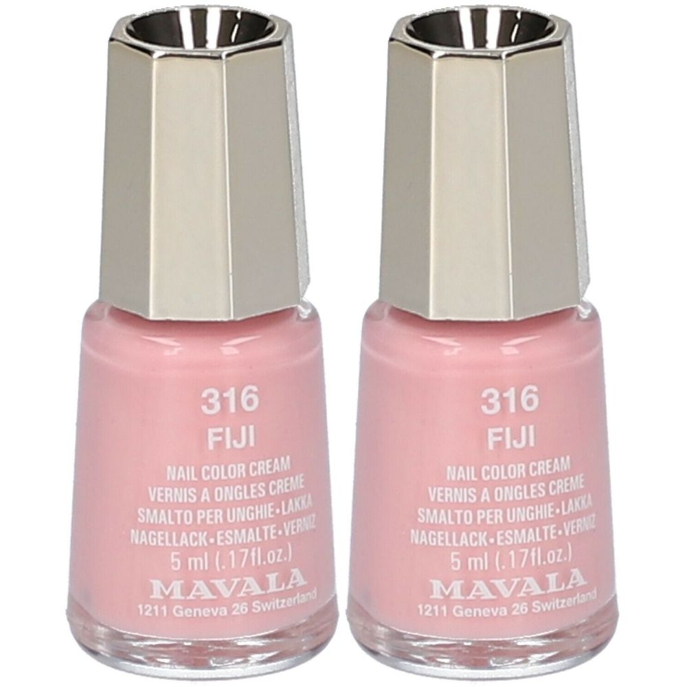 Deux flacons de vernis à ongles roses. Inscription : 316 FIJI, MAVALA. Bouchon métallique. 5 ml.