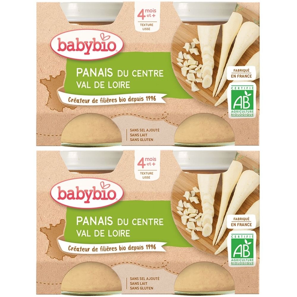 Emballage Babybio. Inscription : Panais du Centre Val de Loire, dès 4 mois. Certification bio. Sans sel ajouté, sans lait, sans gluten.