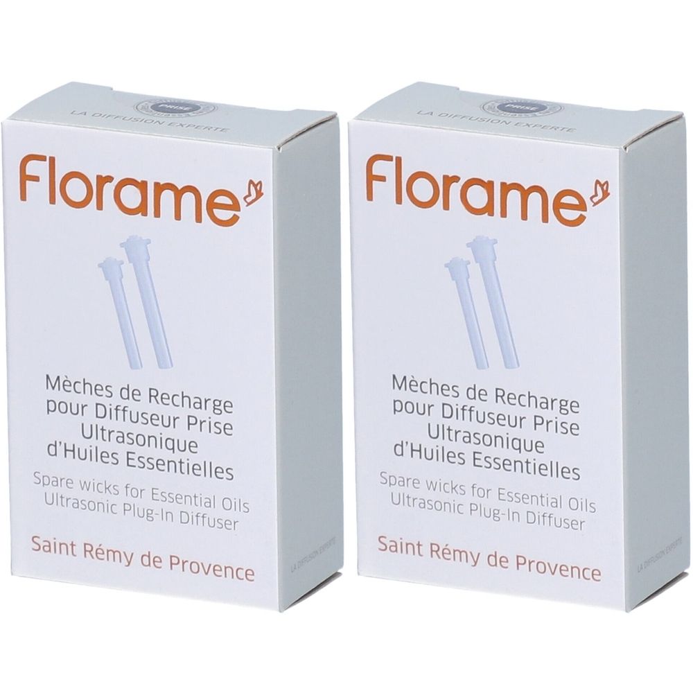 Deux boîtes blanches avec texte. Marque Florame. Mèches de Recharge pour Diffuseur Prise Ultrasonique d'Huiles Essentielles. Saint Rémy de Provence.