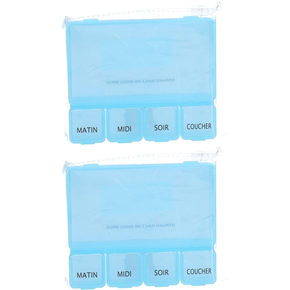 Deux piluliers bleus rectangulaires avec quatre compartiments : MATIN, MIDI, SOIR, COUCHER. Couvercles transparents et inscriptions.