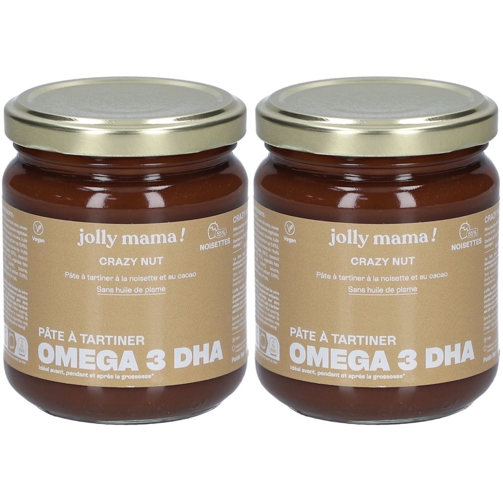 Deux pots de JOLLY MAMA Crazy Nut. Crème brune dans des bocaux en verre avec couvercles dorés. Inscription : Omega 3 DHA.