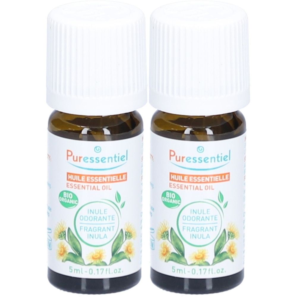 Deux flacons en verre brun avec bouchons blancs. Étiquettes : "Puressentiel", "Huile Essentielle", "Inule Odorante". Contenance : 5ml.