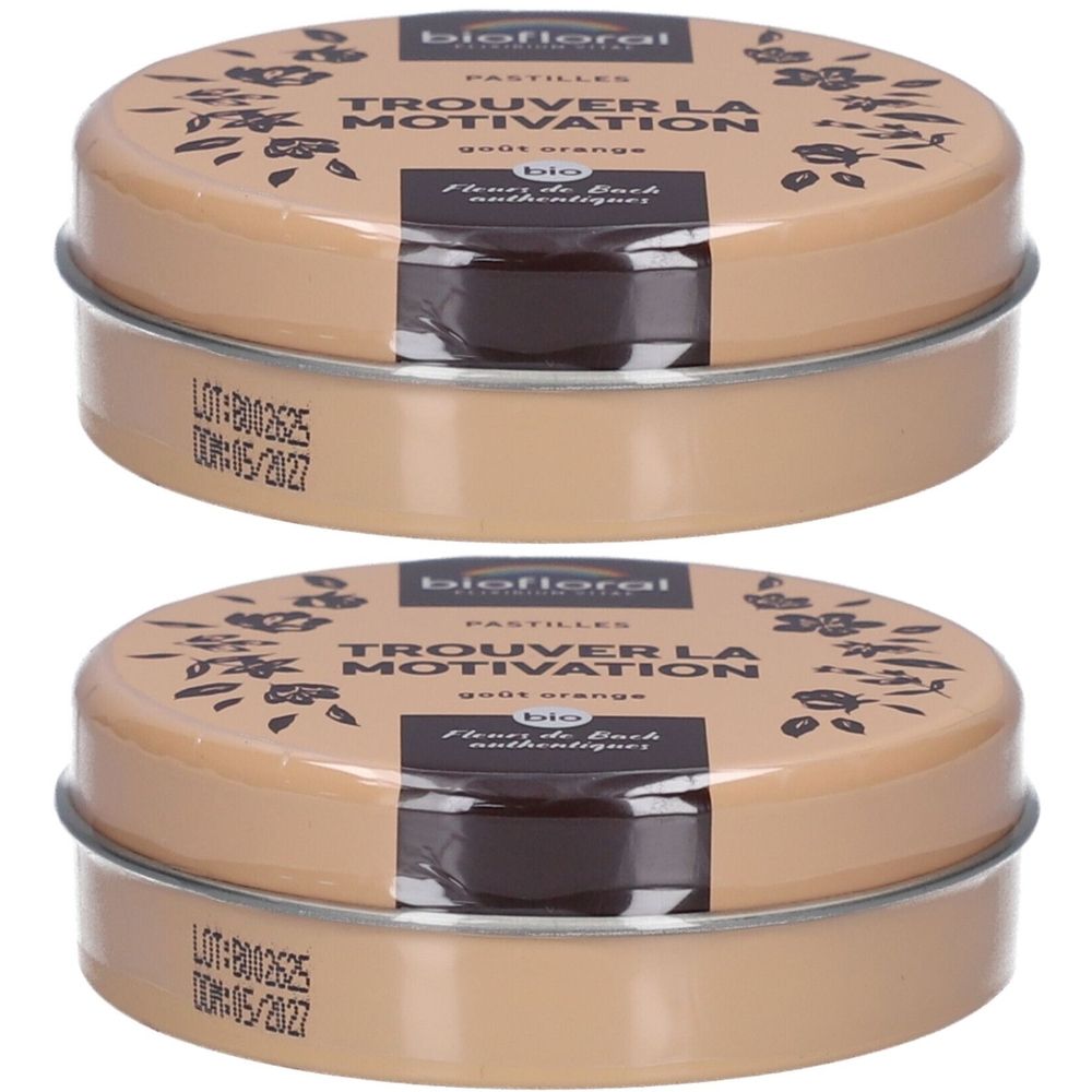 Deux boîtes rondes de pastilles beiges. Inscription: BIOFLORAL, TROUVER LA MOTIVATION. Date de péremption: 05/2027. Certification bio.