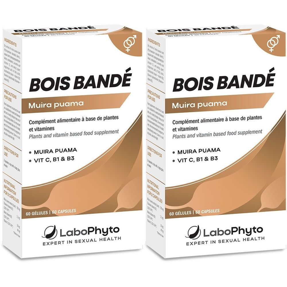 Deux boîtes de « BOIS BANDÉ ». Complément alimentaire à base de plantes et vitamines. Marque LaboPhyto. Contient 60 gélules.