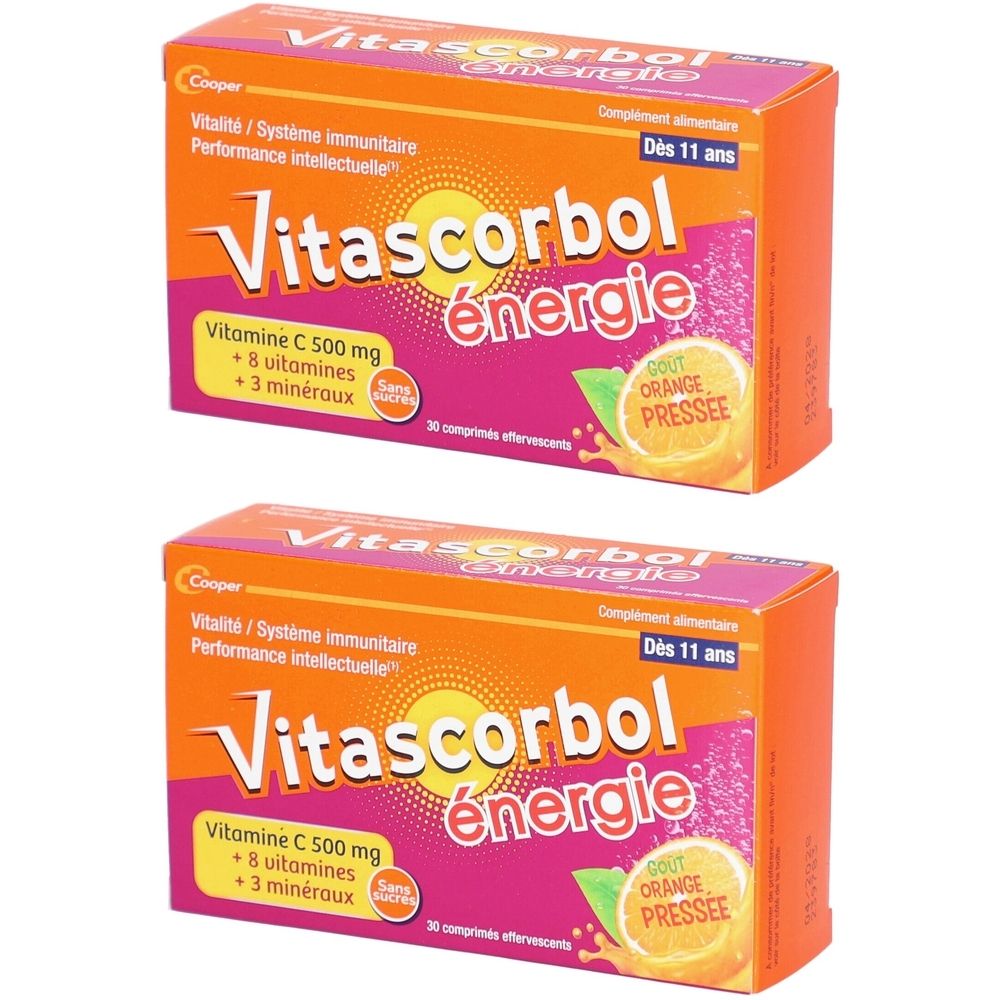 Deux boîtes de Vitascorbol énergie. Emballage orange avec nom du produit et informations. Pour enfants dès 11 ans.