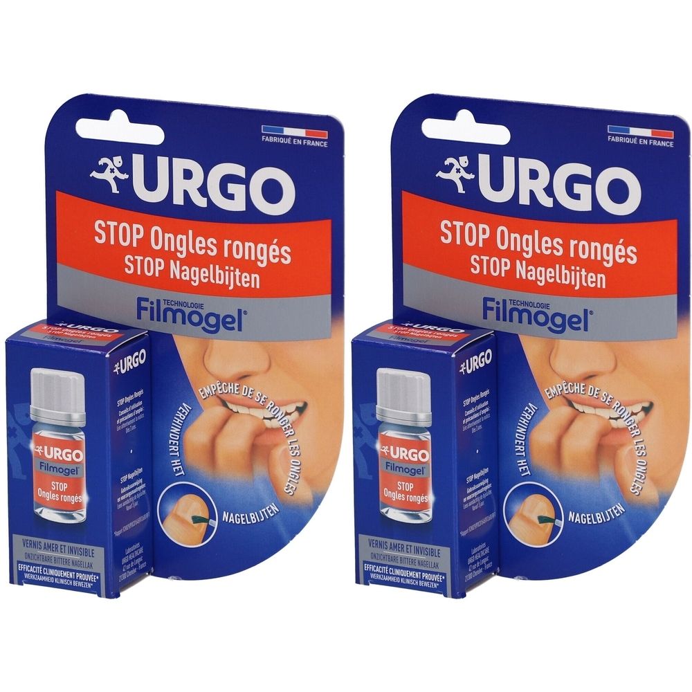 Emballage URGO Filmogel Stop Ongles Rongés avec deux flacons et instructions d'application.
