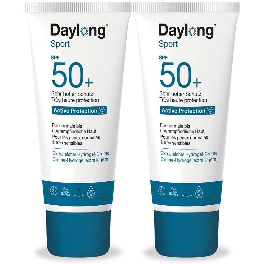 Deux tubes blancs et bleus. Inscription: Daylong Sport SPF 50+. Très haute protection. Active Protection. Crème-Hydrogel.