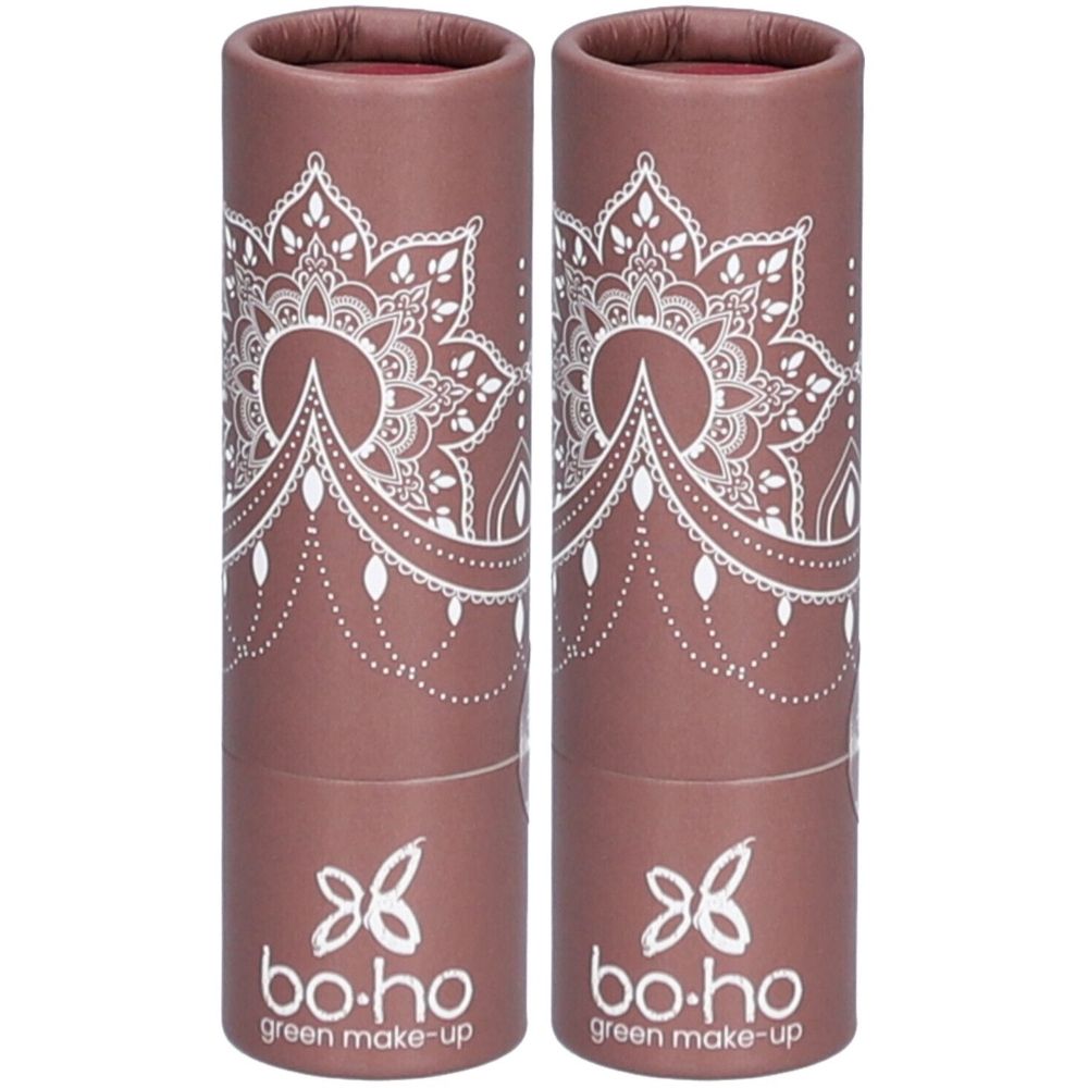 Deux contenants ronds avec motif mandala et logo "bo-ho green make-up".