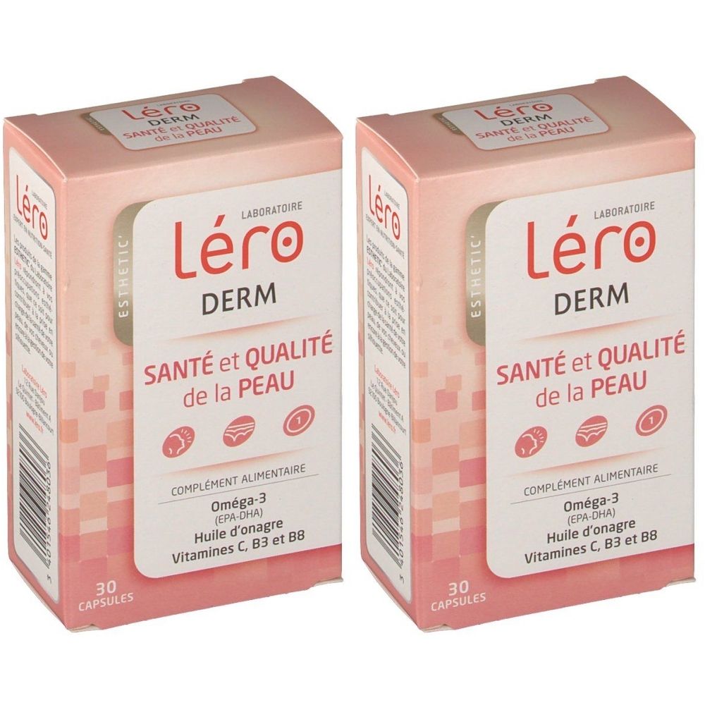 Deux boîtes roses Léro Derm, Santé et Qualité de la Peau. Contient 30 capsules. Complément alimentaire.
