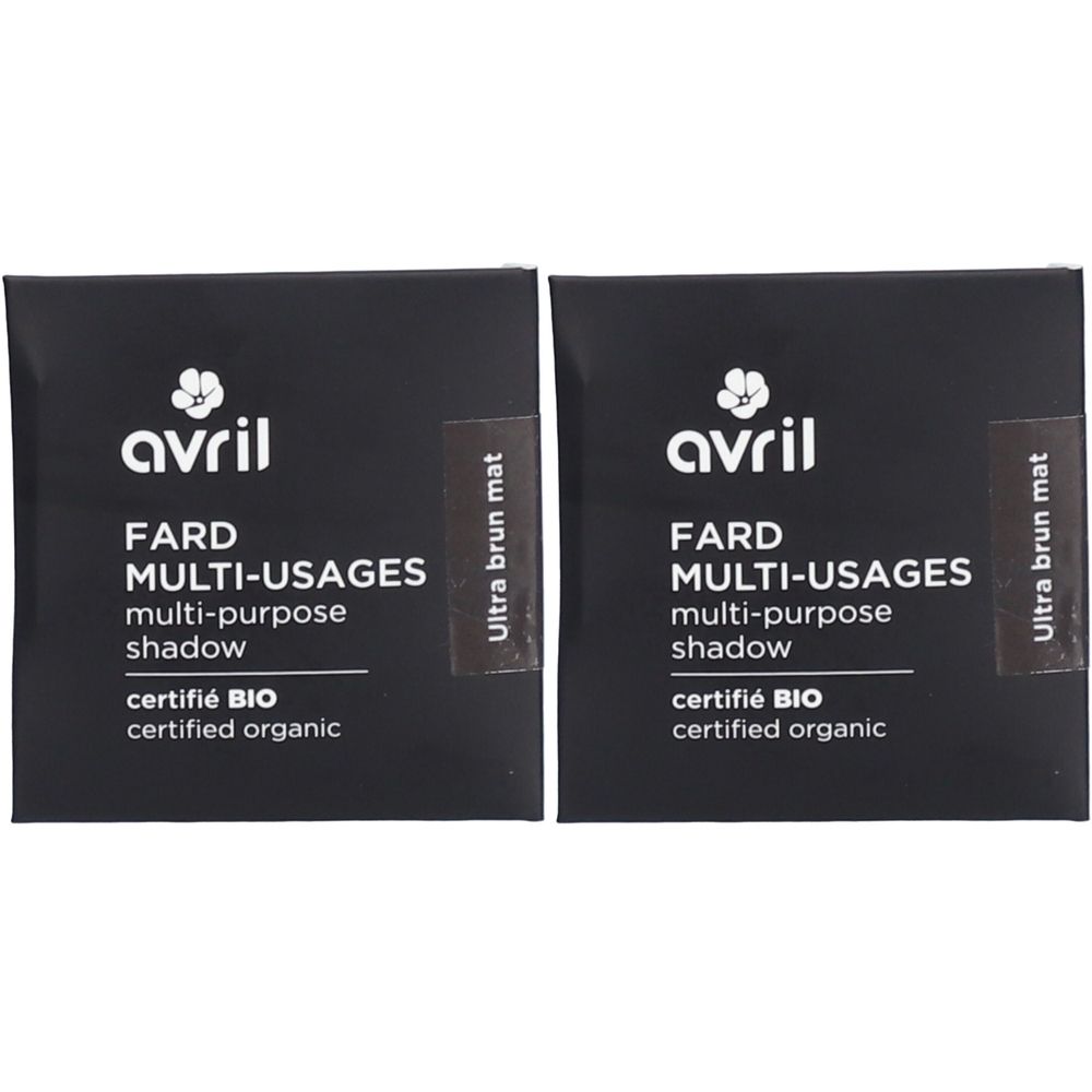 Deux boîtes carrées noires. Sur chacune, on lit "avril Fard Multi-Usages", "Ultra brun mat" et "certifié BIO".