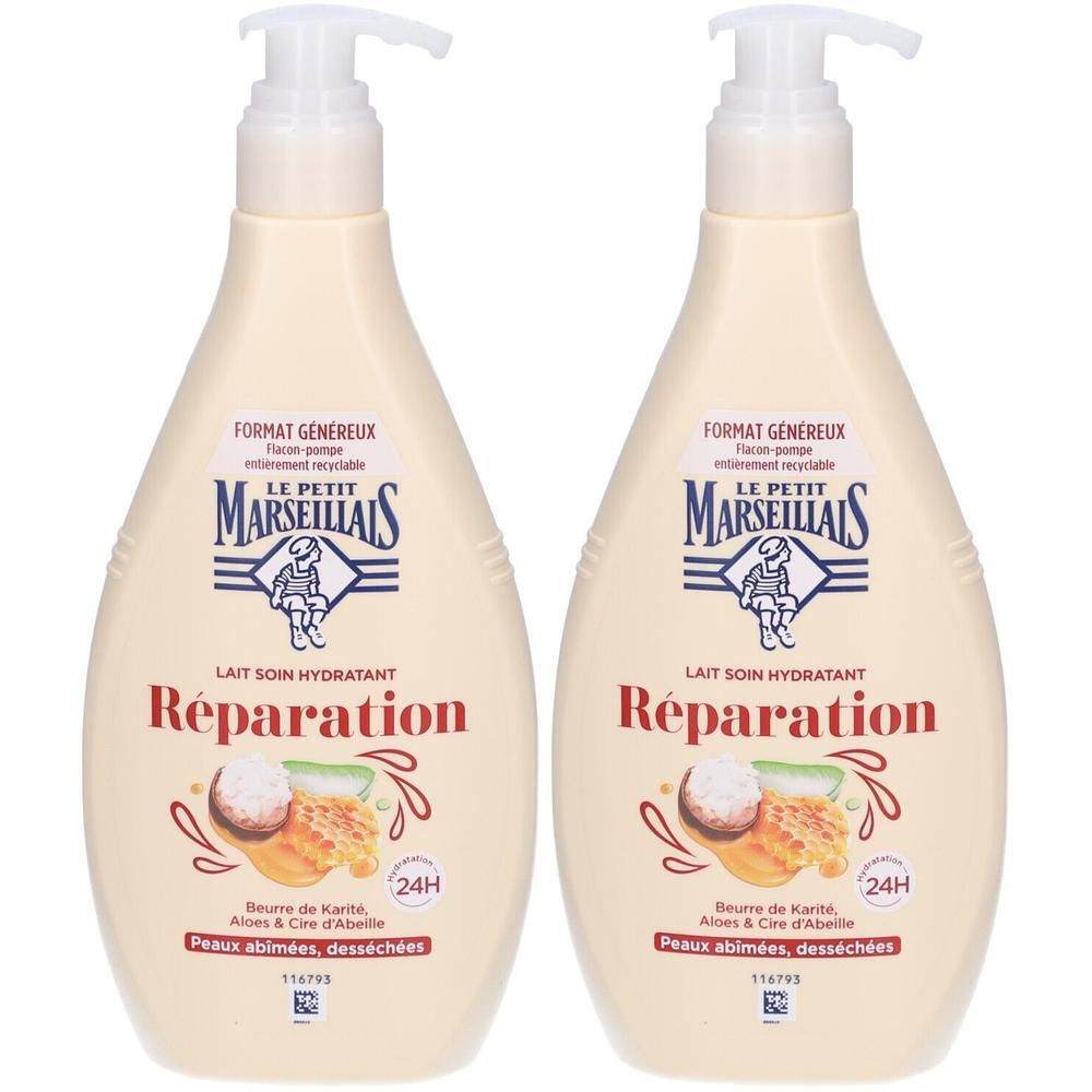 Deux flacons de Le Petit Marseillais Lait Soin Réparation. Flacons beiges avec pompe, texte et illustration du produit.