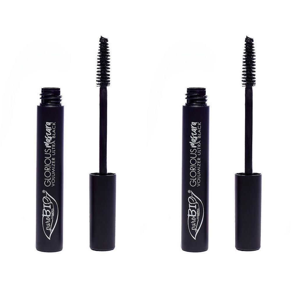 Deux tubes de mascara noir avec brosses. Sur les tubes, on lit "Glorious Mascara" et "puroBIO".