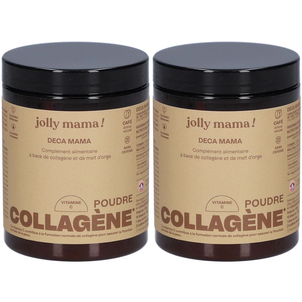 Deux pots bruns avec couvercles noirs. Inscription: jolly mama! DECA MAMA, Poudre Collagène. Contient de la vitamine C.