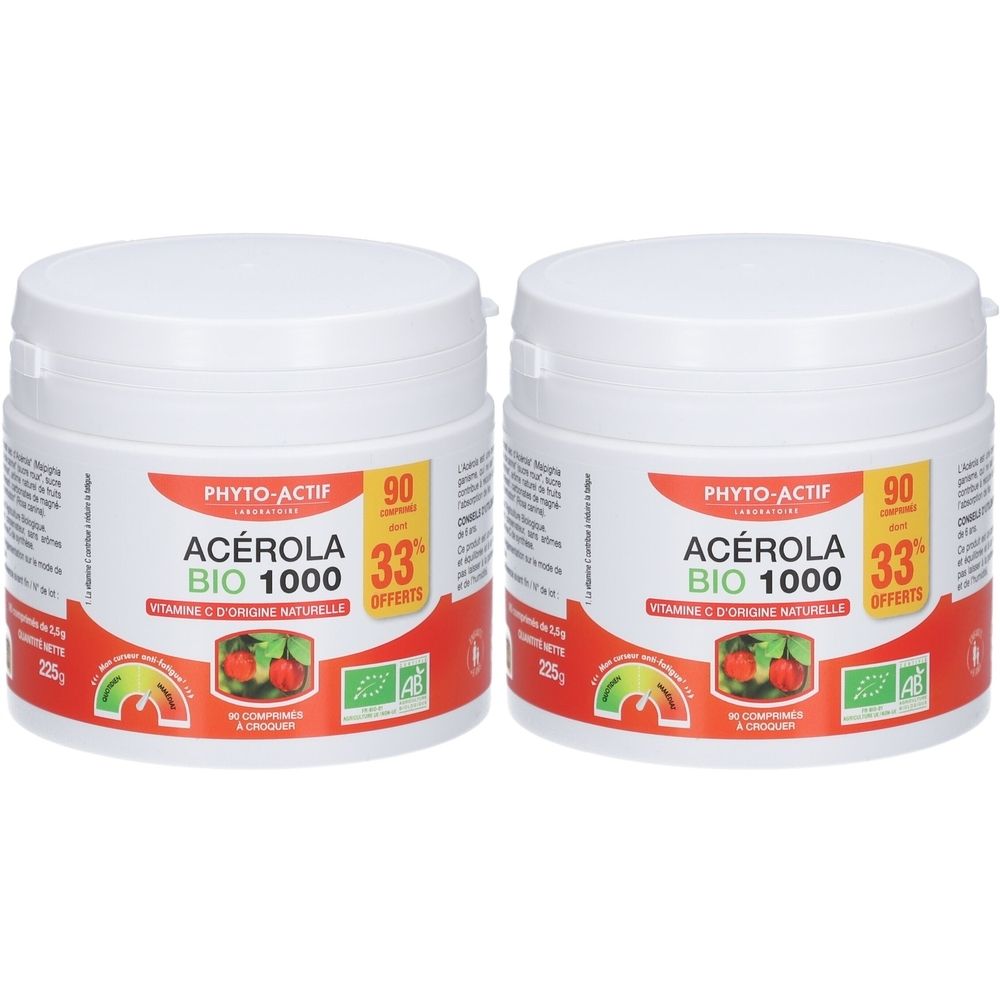 Deux pots blancs avec étiquettes rouges. L'étiquette indique "PHYTO-ACTIF ACEROLA BIO 1000". Texte sur la vitamine C et la certification biologique.