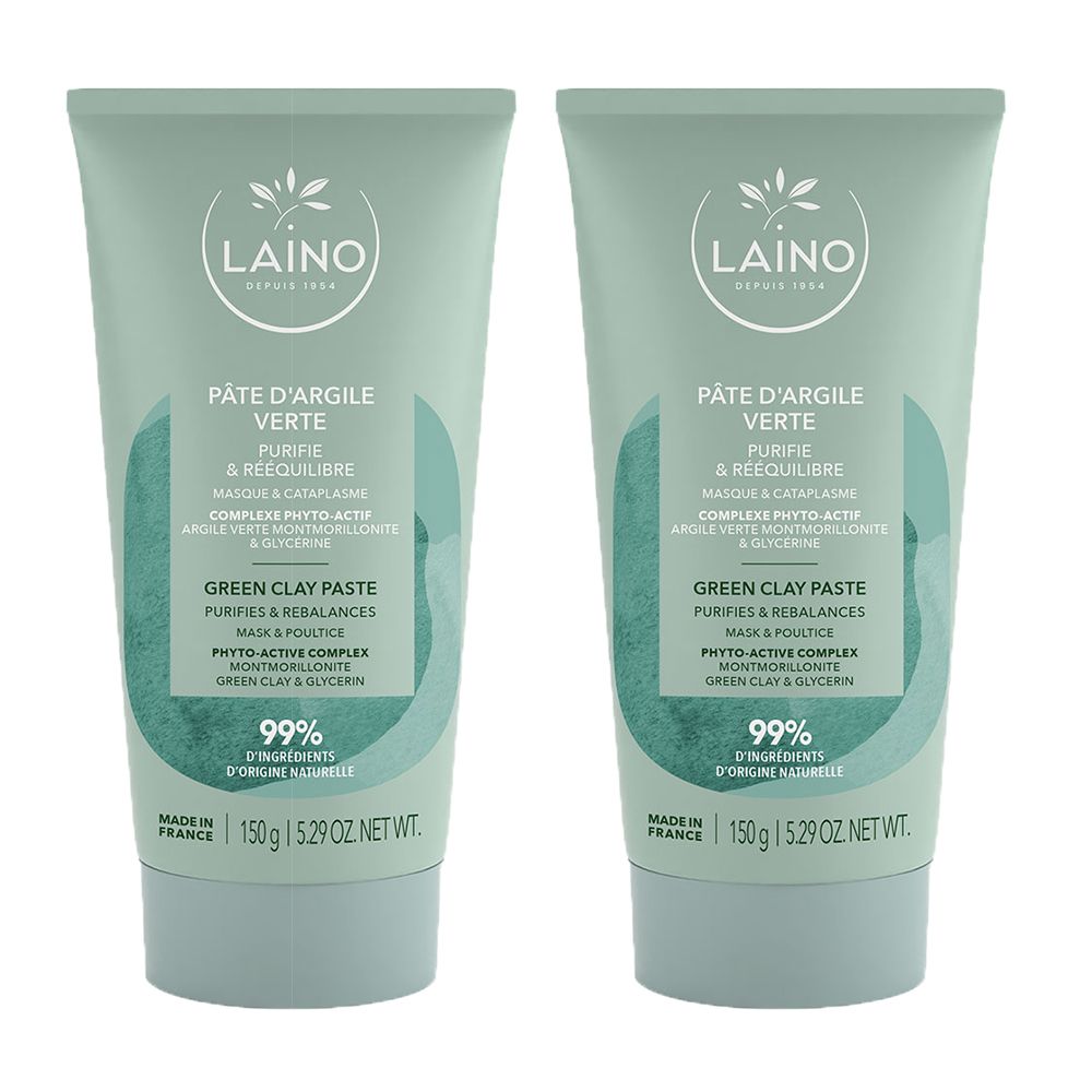 Deux tubes de Laino Pâte d'Argile Verte, 150g. Contient 99% d'ingrédients d'origine naturelle.