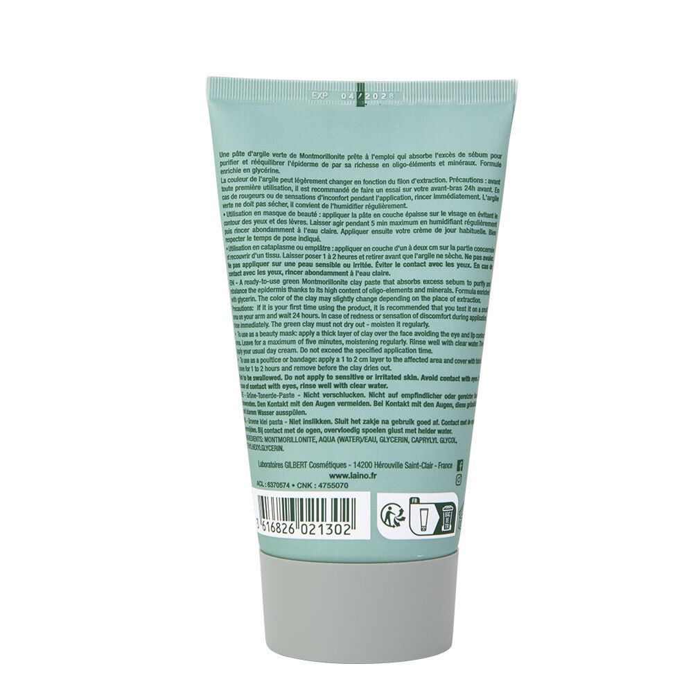 Arrière d'un tube de Laino Pâte d'Argile Verte avec instructions et liste des ingrédients.