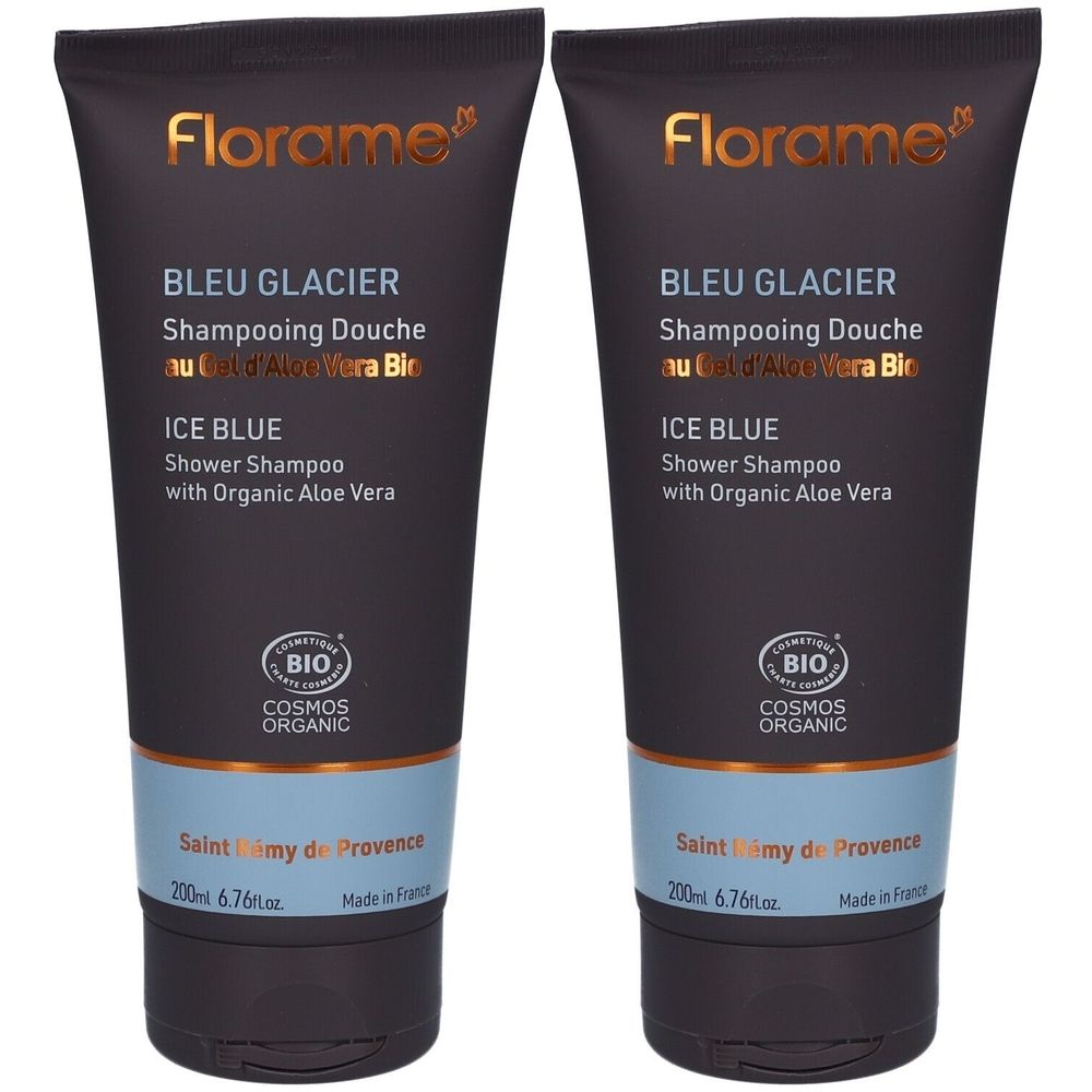 Deux flacons sombres de Florame Shampooing Douche à l'Aloe Vera Bio. Certifié Cosmos Organic.