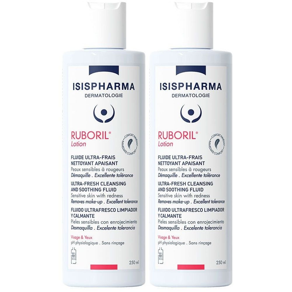 Deux flacons de lotion ISISPHARMA Ruboril, 250ml.