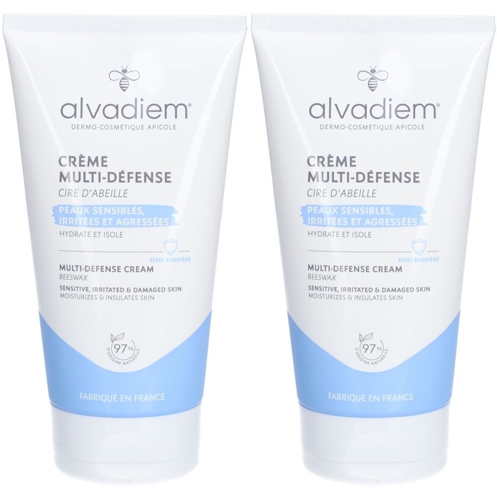 Deux tubes de crème. Inscription: Multi-Défense, Cire d'Abeille. Pour peaux sensibles, irritées. Au cire d'abeille. Fabriqué en France.