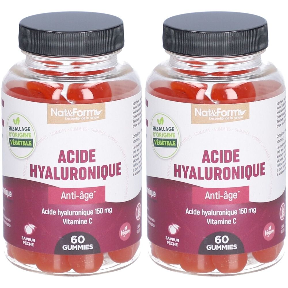 Deux flacons avec bouchons noirs. Étiquettes : "Acide Hyaluronique Anti-âge" et "60 Gummies". Marque : Nat&Form. Emballage d'origine végétale.