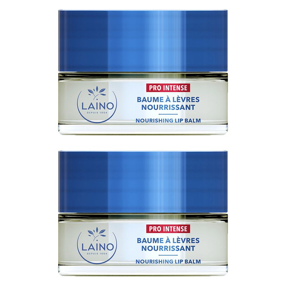 Deux pots de Baume à Lèvres Nourrissant LAINO Pro Intense avec couvercles bleus.