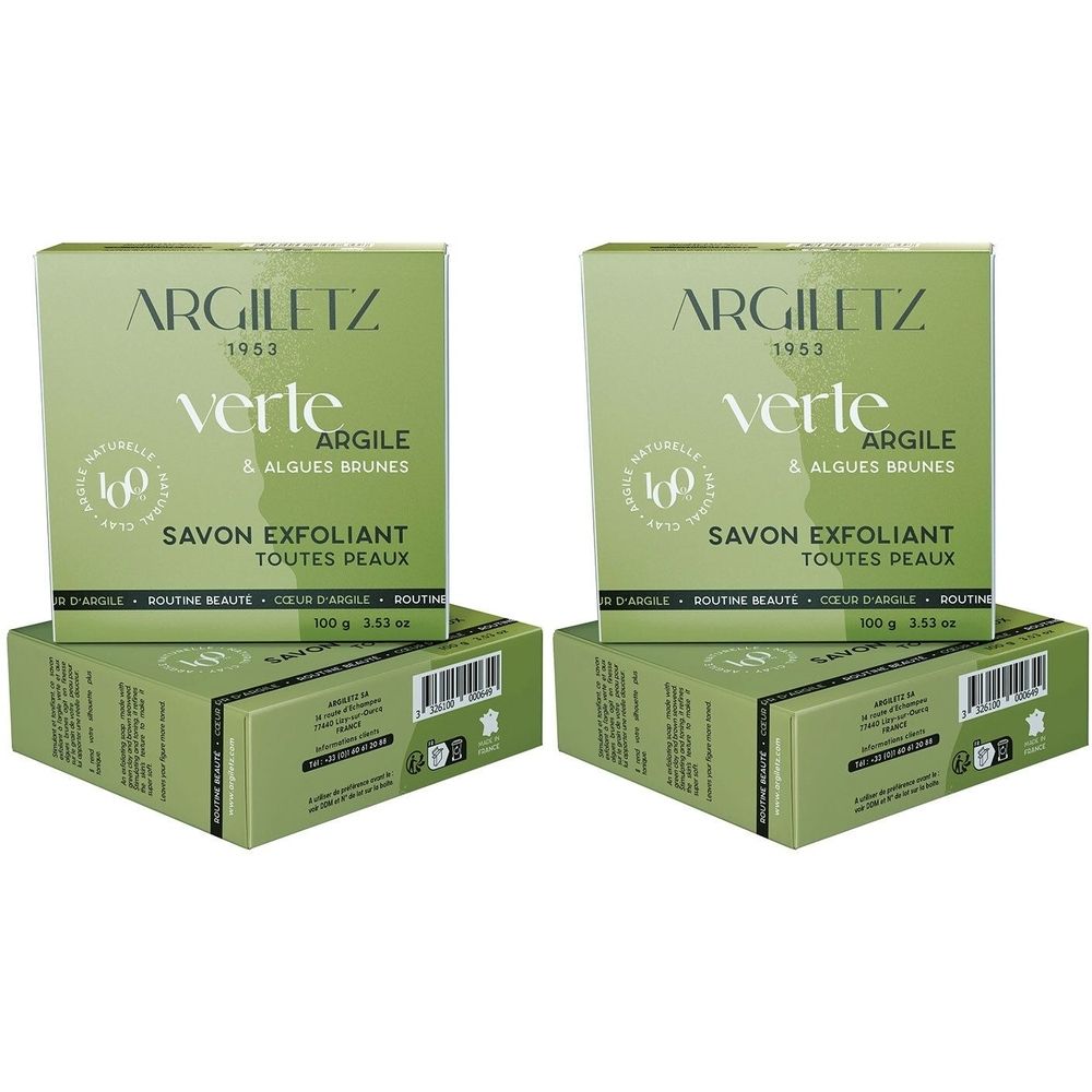 Deux boîtes vertes avec impression du produit. Inscription: ARGILETZ, Verte Argile, Savon Exfoliant, Toutes Peaux. Avec certifications.