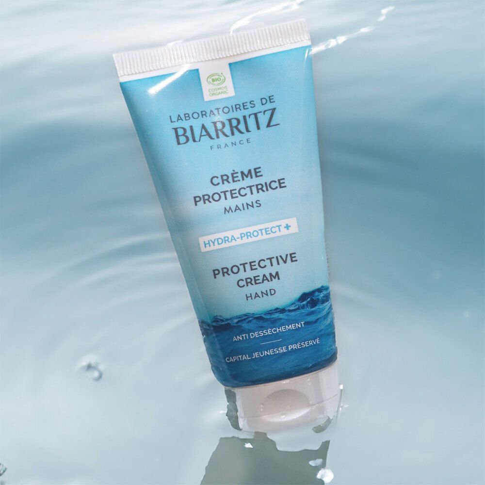 Tube bleu, LABORATOIRES DE BIARRITZ, Crème Protectrice Mains. Certification bio. Design vagues.