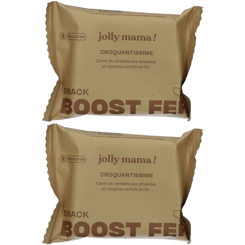 Deux barres emballées. Inscription: jolly mama! CROQUANTISSIME, sans gluten. Snack BOOST FER.