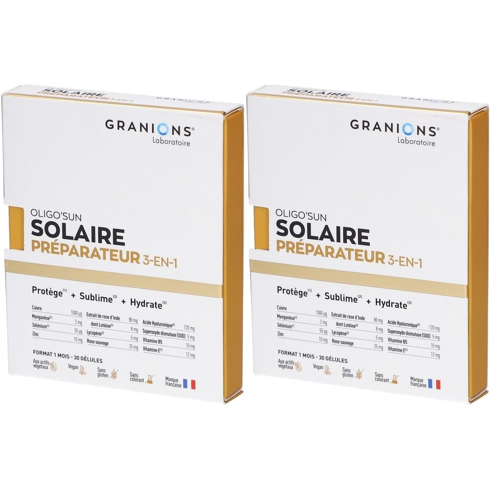 Deux boîtes de GRANIONS Oligo'Sun Solaire Préparateur 3-en-1. Blanches avec accents dorés. Texte: Protège + Sublime + Hydrate.