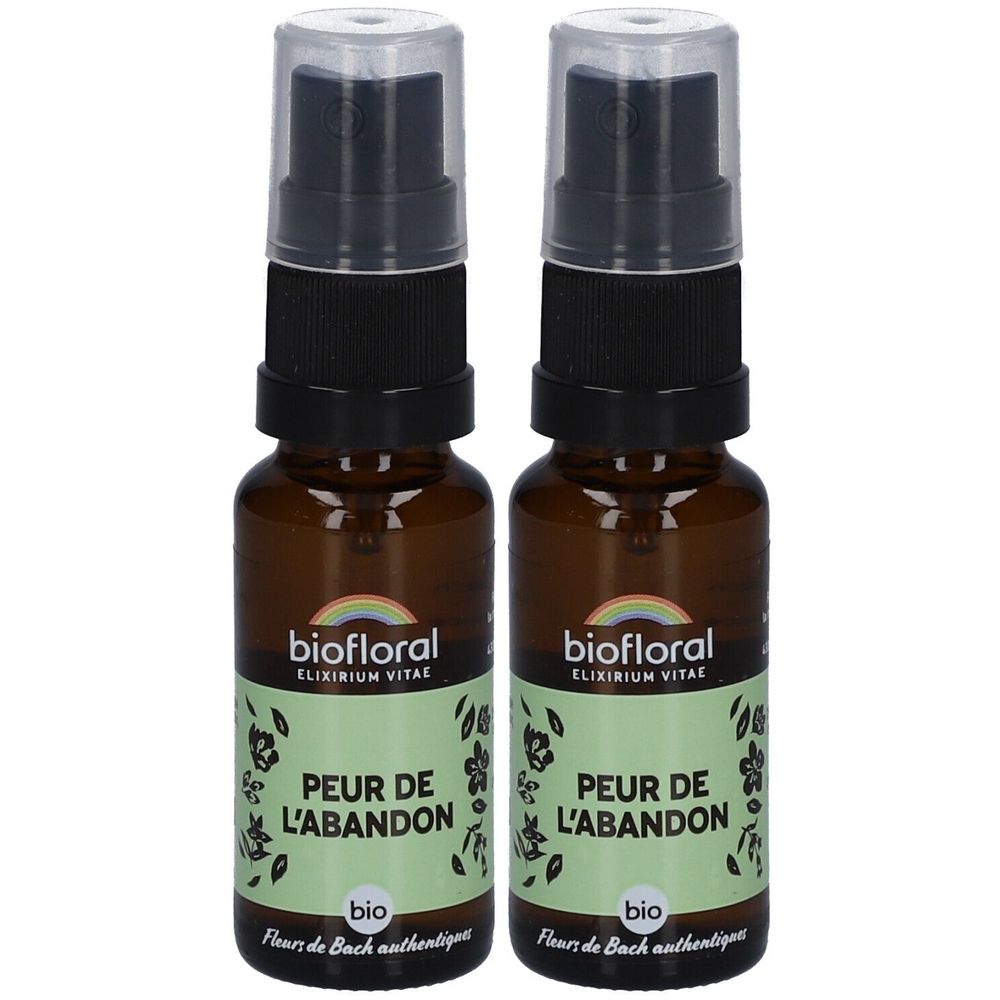 Deux flacons en verre brun avec vaporisateur. Inscription: biofloral, PEUR DE L'ABANDON, bio. Bouchon transparent.