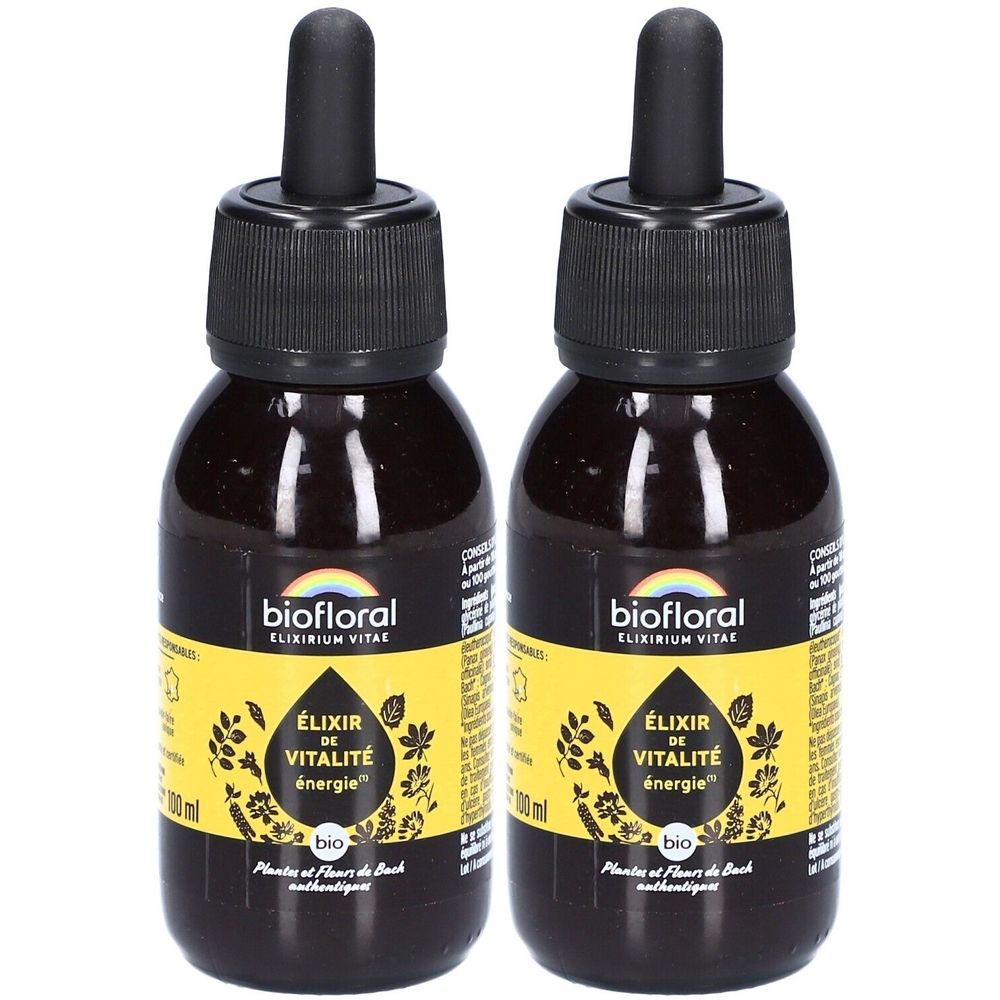 Deux flacons bruns avec bouchons noirs et pipettes. Étiquettes avec "biofloral ELIXIRIUM VITAE" et "ÉLIXIR DE VITALITÉ énergie".
