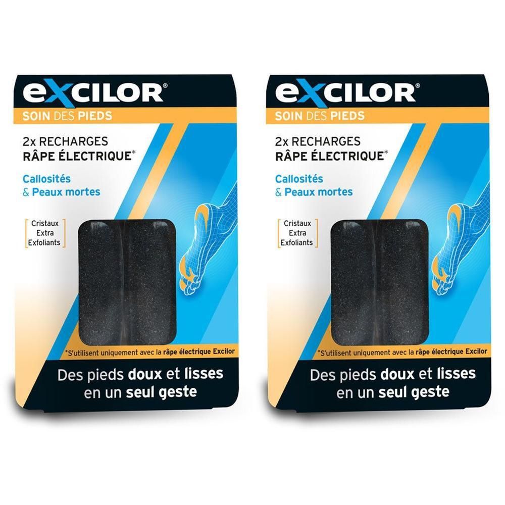 Deux recharges Excilor® Râpe Electrique. Corps abrasifs noirs rectangulaires. Emballage avec nom du produit et texte.